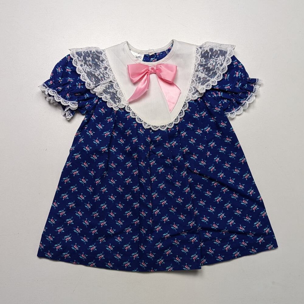 Vintage Sears Dress Girls Size 24m Blue Floral Frilly Bow